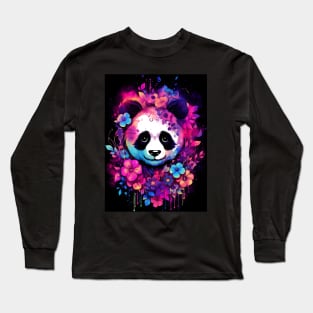 Pretty panda surround in bright colorful tropical flowers Long Sleeve T-Shirt